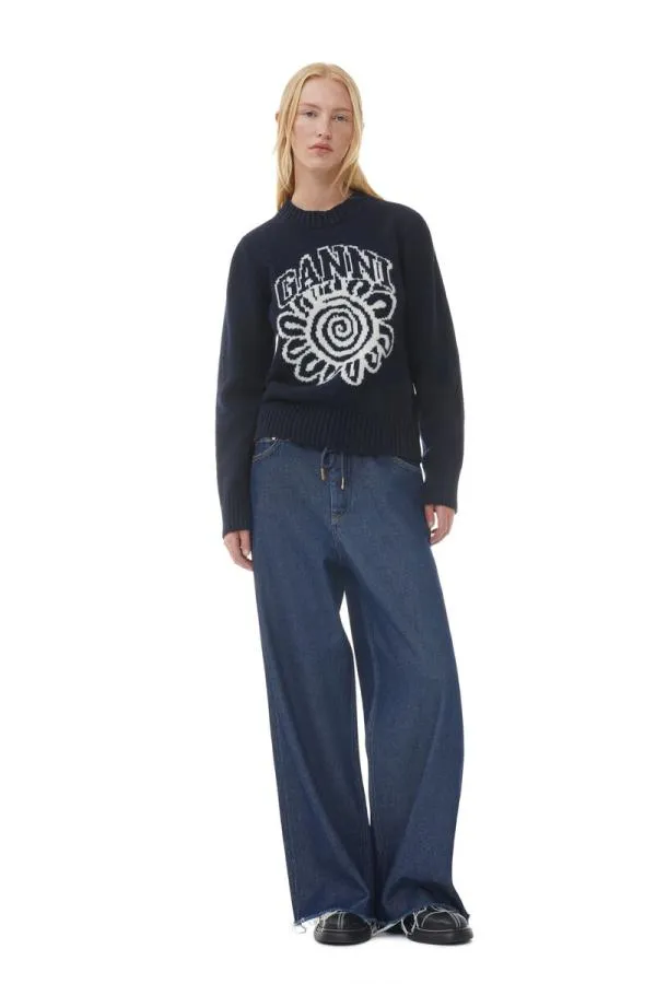 Clothing GANNI Extended Sizes Blue Flower Graphic Oneck Pullover Sky Captain Clothing GANNI Extended Sizes Blue Flower Graphic Oneck Pullover Sky Captain