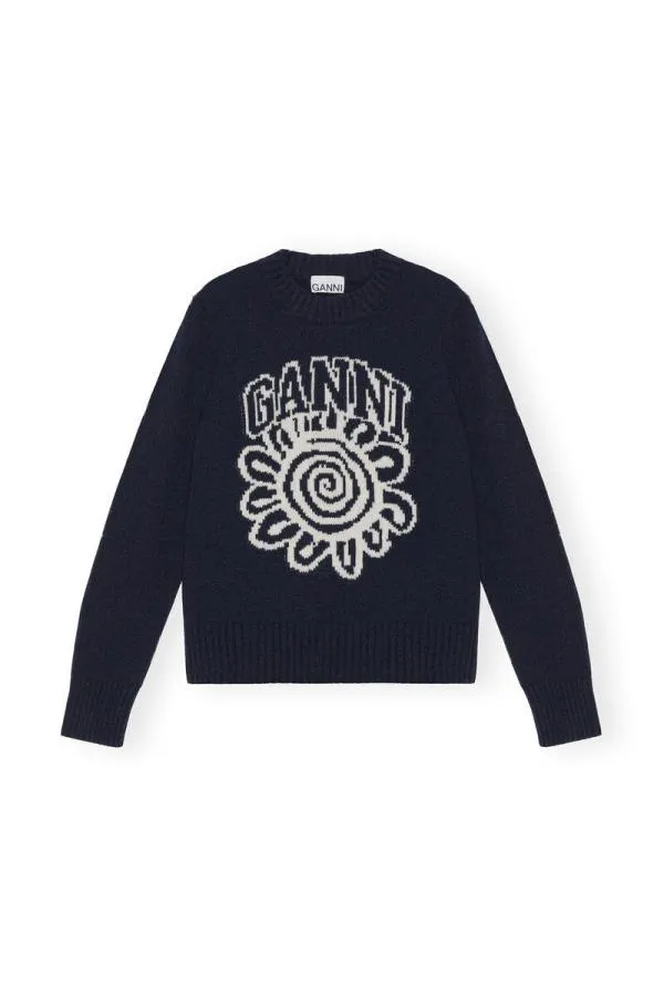 Clothing GANNI Extended Sizes Blue Flower Graphic Oneck Pullover Sky Captain Clothing GANNI Extended Sizes Blue Flower Graphic Oneck Pullover Sky Captain