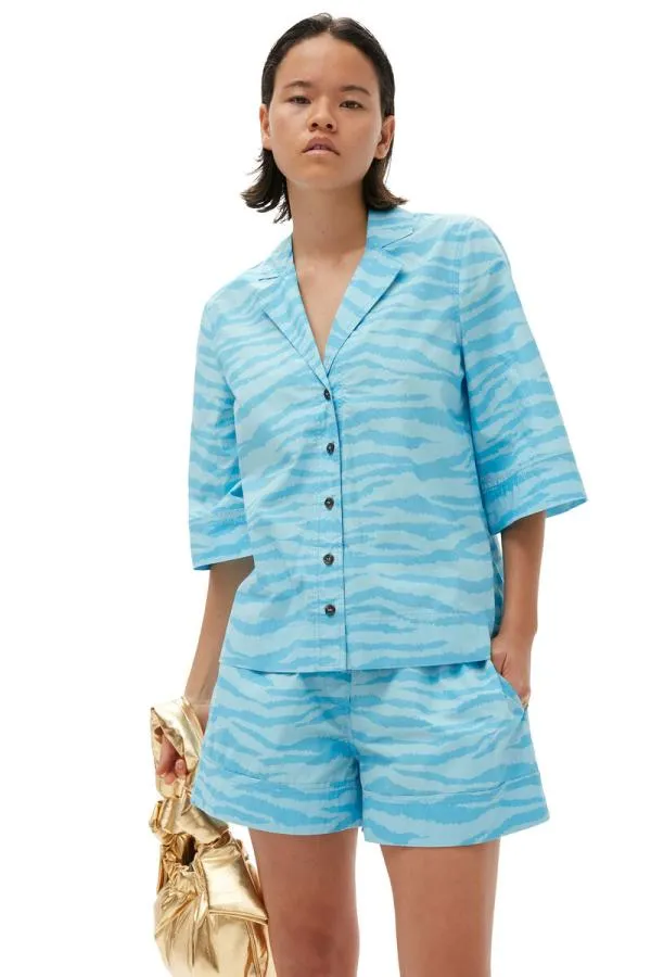 Clothing GANNI Extended Sizes Printed Cotton Elasticated Shorts Ethereal Blue Clothing GANNI Extended Sizes Printed Cotton Elasticated Shorts Ethereal Blue