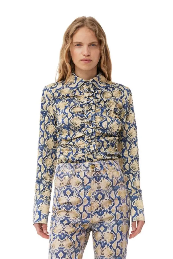 Clothing GANNI Extended Sizes Snake Printed Crinkled Satin Fitted Shirt Safari