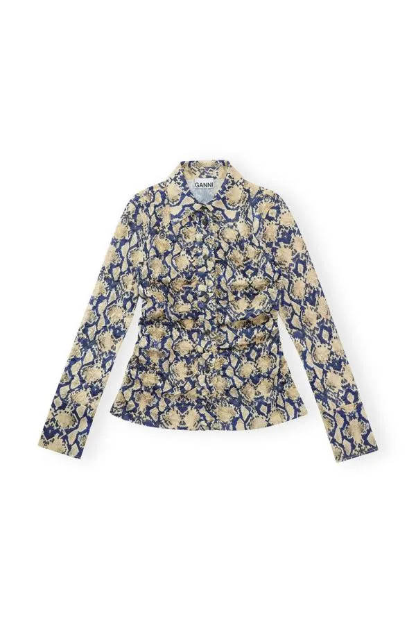 Clothing GANNI Extended Sizes Snake Printed Crinkled Satin Fitted Shirt Safari Clothing GANNI Extended Sizes Snake Printed Crinkled Satin Fitted Shirt Safari