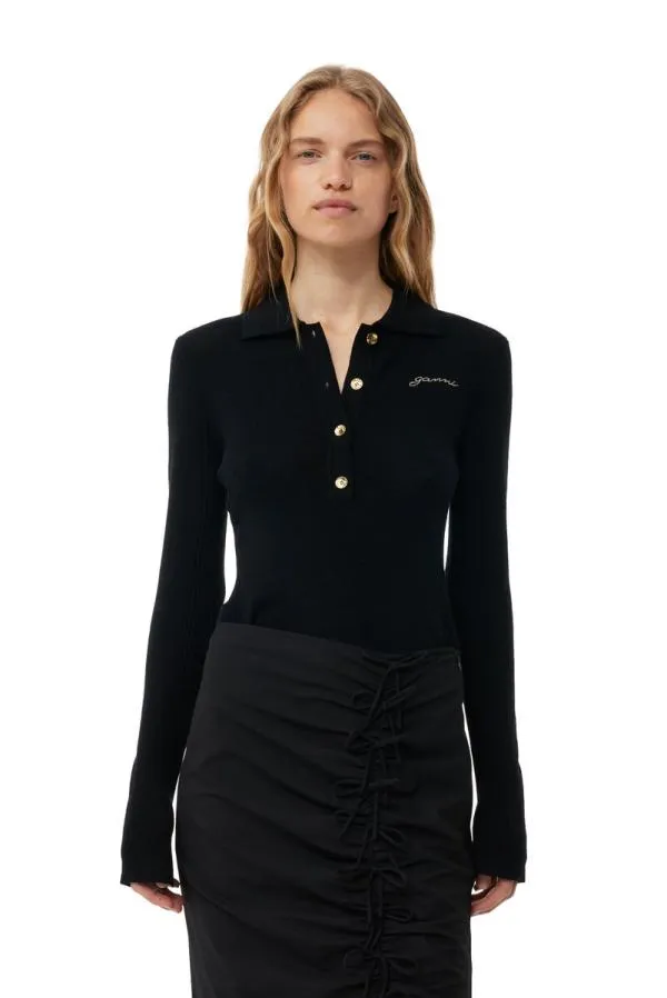 Clothing GANNI Knitwear Black Ribbed Merino Polo Blouse Black