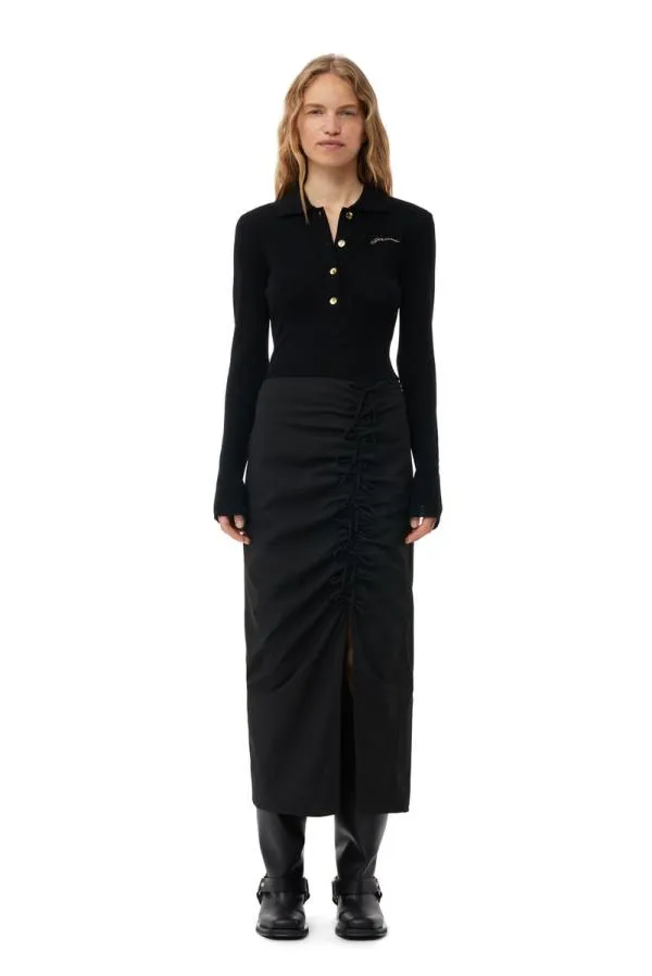 Clothing GANNI Knitwear Black Ribbed Merino Polo Blouse Black Clothing GANNI Knitwear Black Ribbed Merino Polo Blouse Black