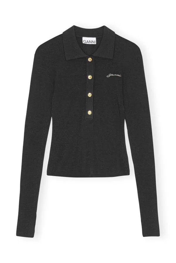 Clothing GANNI Knitwear Black Ribbed Merino Polo Blouse Black Clothing GANNI Knitwear Black Ribbed Merino Polo Blouse Black