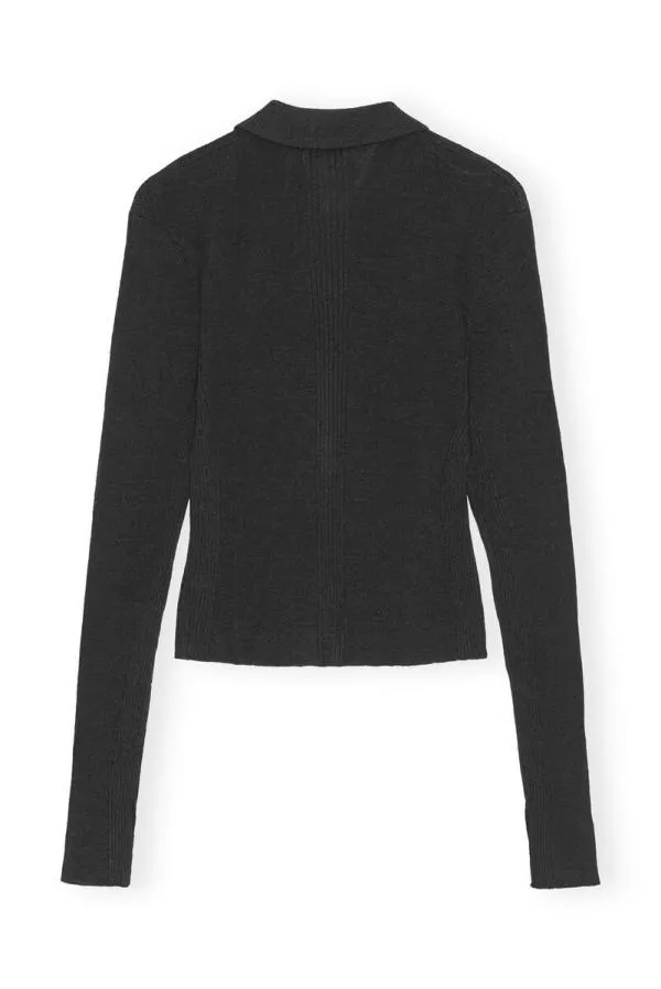 Clothing GANNI Knitwear Black Ribbed Merino Polo Blouse Black Clothing GANNI Knitwear Black Ribbed Merino Polo Blouse Black