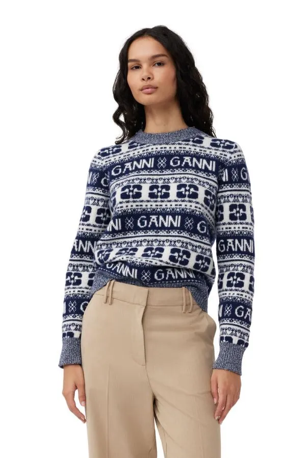 Clothing GANNI Knitwear Blue Logo Wool Mix Oneck Pullover Sky Captain