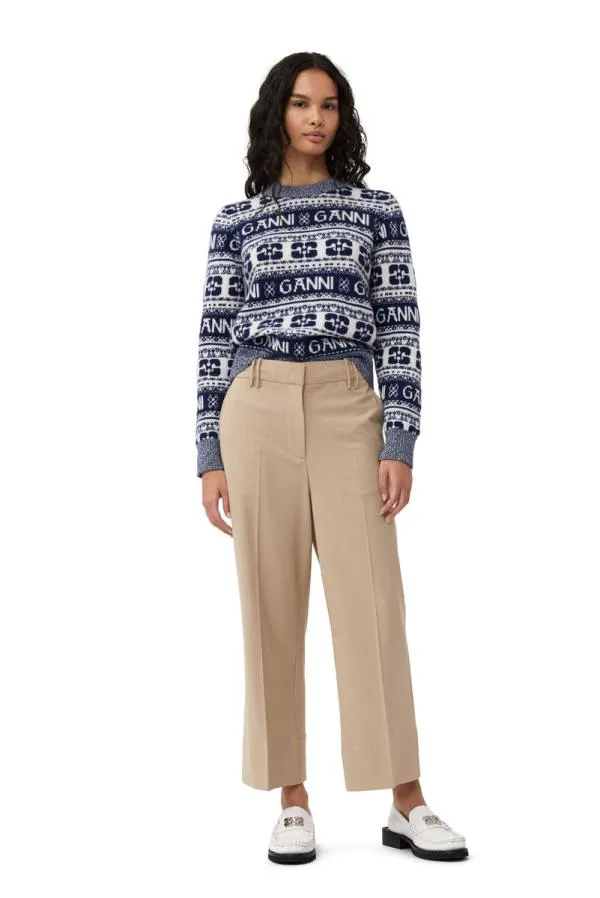 Clothing GANNI Knitwear Blue Logo Wool Mix Oneck Pullover Sky Captain Clothing GANNI Knitwear Blue Logo Wool Mix Oneck Pullover Sky Captain