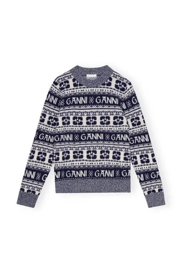 Clothing GANNI Knitwear Blue Logo Wool Mix Oneck Pullover Sky Captain Clothing GANNI Knitwear Blue Logo Wool Mix Oneck Pullover Sky Captain