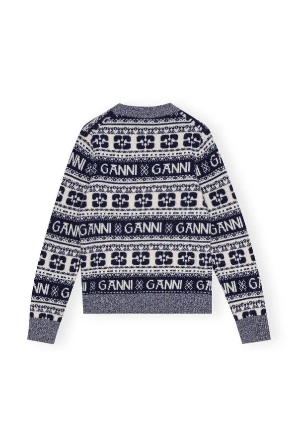 Clothing GANNI Knitwear Blue Logo Wool Mix Oneck Pullover Sky Captain Clothing GANNI Knitwear Blue Logo Wool Mix Oneck Pullover Sky Captain