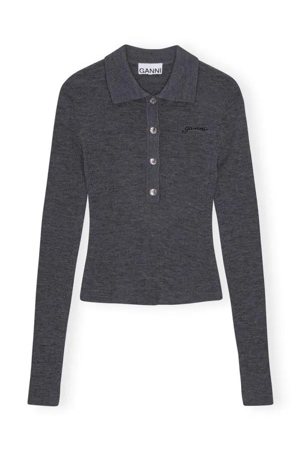 Clothing GANNI Knitwear Grey Ribbed Merino Polo Frost Gray Clothing GANNI Knitwear Grey Ribbed Merino Polo Frost Gray