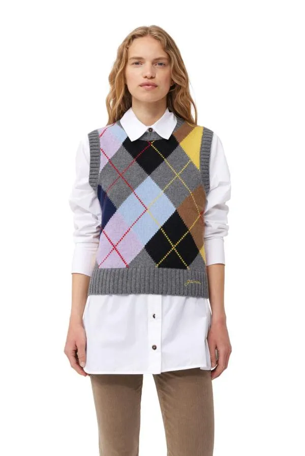Clothing GANNI Knitwear Harlequin Wool Mix Knit Vest Frost Gray