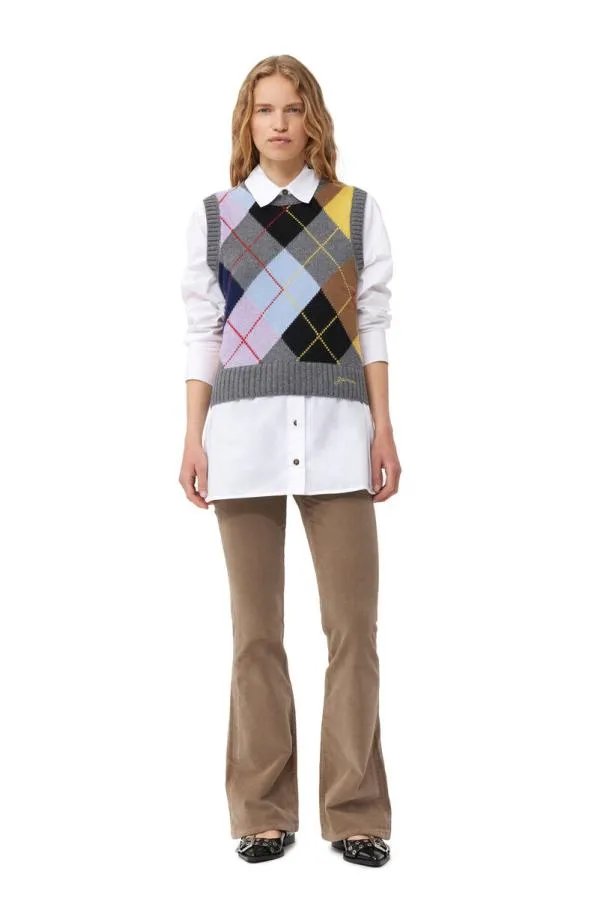 Clothing GANNI Knitwear Harlequin Wool Mix Knit Vest Frost Gray Clothing GANNI Knitwear Harlequin Wool Mix Knit Vest Frost Gray