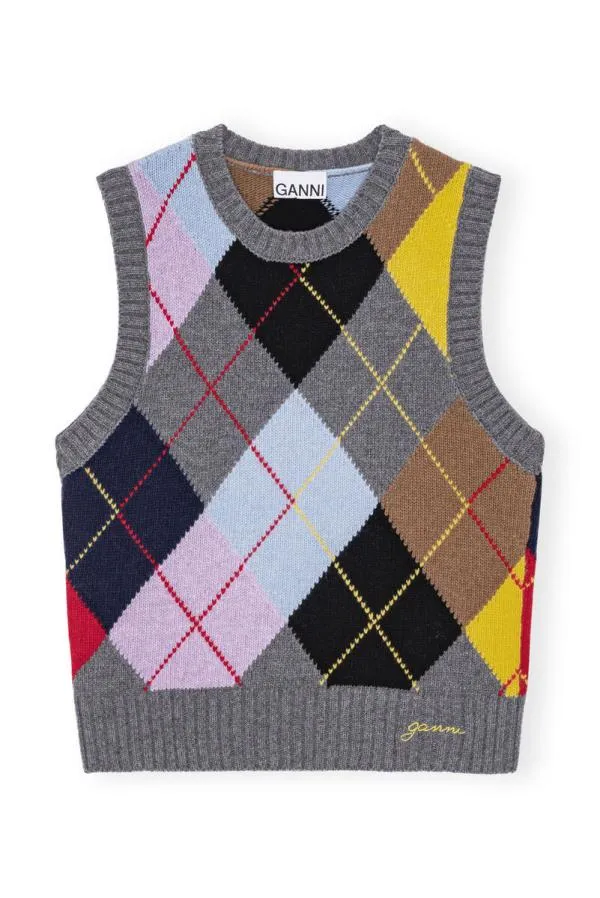 Clothing GANNI Knitwear Harlequin Wool Mix Knit Vest Frost Gray Clothing GANNI Knitwear Harlequin Wool Mix Knit Vest Frost Gray