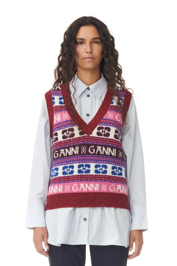 Clothing GANNI Knitwear Pink Logo Wool Mix Vest Multicolour
