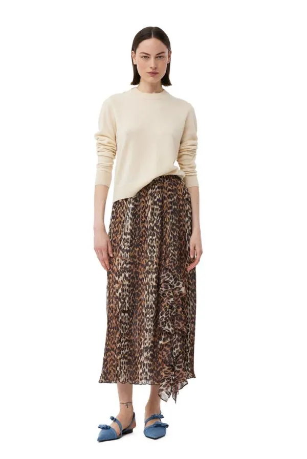 Clothing GANNI Skirts Leopard Pleated Georgette Midi Flounce Skirt Almond Milk Clothing GANNI Skirts Leopard Pleated Georgette Midi Flounce Skirt Almond Milk
