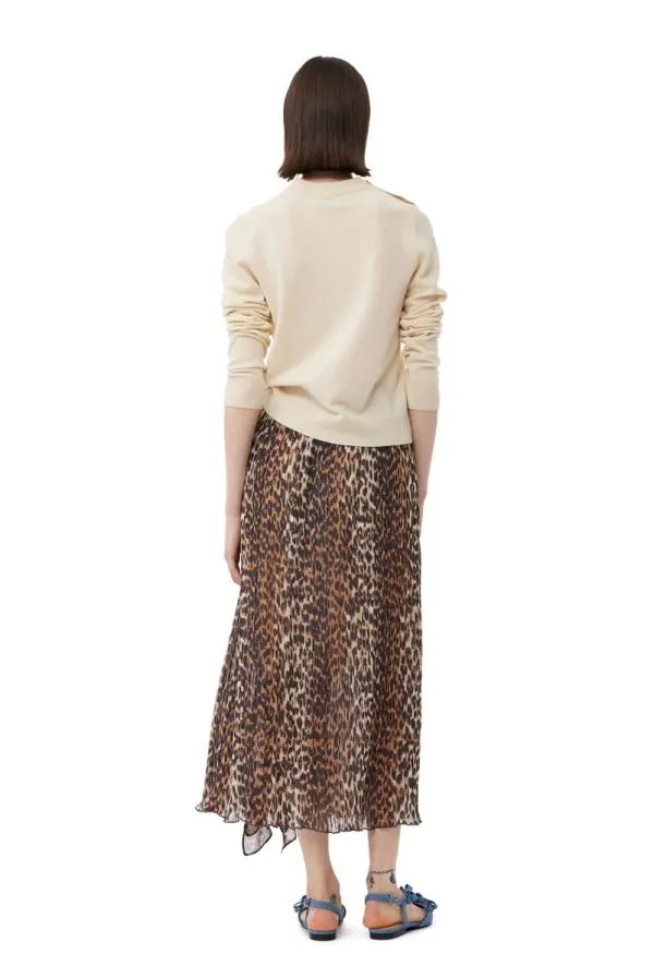 Clothing GANNI Skirts Leopard Pleated Georgette Midi Flounce Skirt Almond Milk Clothing GANNI Skirts Leopard Pleated Georgette Midi Flounce Skirt Almond Milk