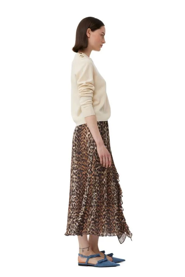 Clothing GANNI Skirts Leopard Pleated Georgette Midi Flounce Skirt Almond Milk Clothing GANNI Skirts Leopard Pleated Georgette Midi Flounce Skirt Almond Milk