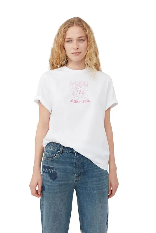 Clothing GANNI TShirts Pink Relaxed Bunny Tshirt Bright White Clothing GANNI TShirts Pink Relaxed Bunny Tshirt Bright White