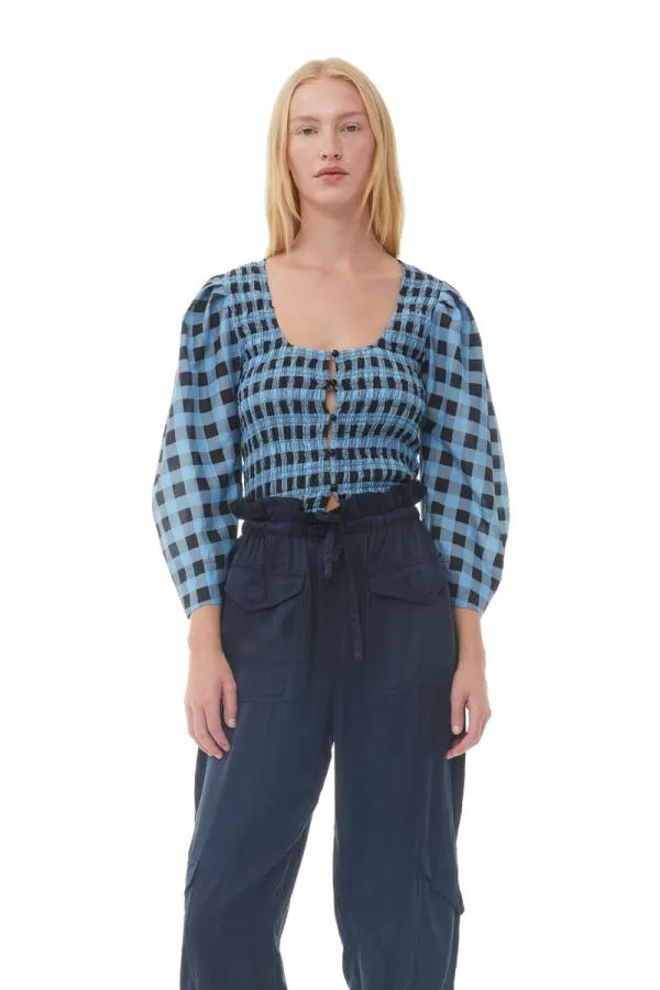 Clothing GANNI Tops Checkered Cotton Silk Blouse Alaskan Blue