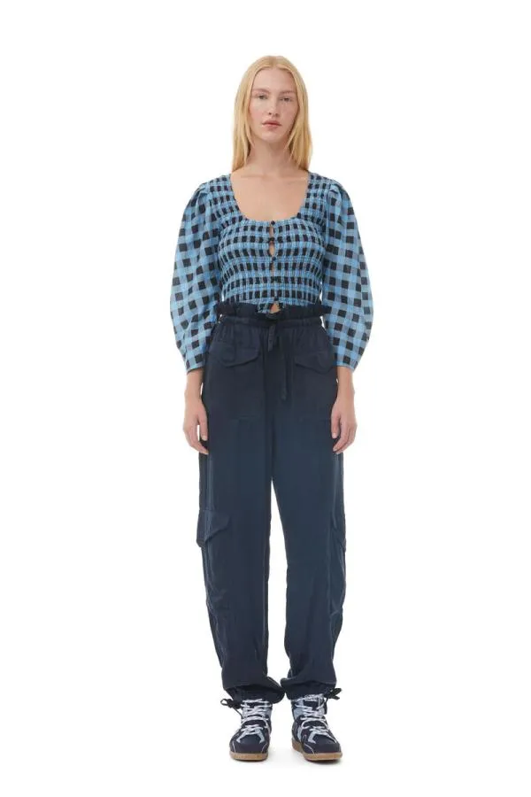 Clothing GANNI Tops Checkered Cotton Silk Blouse Alaskan Blue Clothing GANNI Tops Checkered Cotton Silk Blouse Alaskan Blue