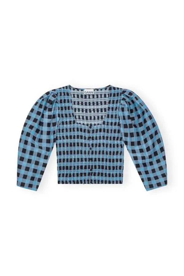 Clothing GANNI Tops Checkered Cotton Silk Blouse Alaskan Blue Clothing GANNI Tops Checkered Cotton Silk Blouse Alaskan Blue