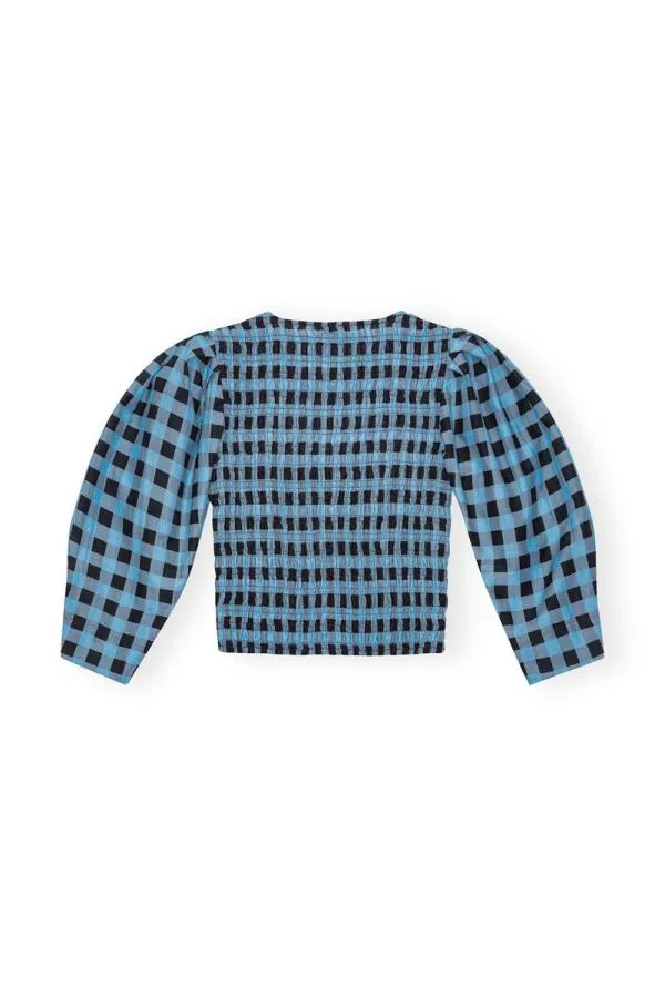 Clothing GANNI Tops Checkered Cotton Silk Blouse Alaskan Blue Clothing GANNI Tops Checkered Cotton Silk Blouse Alaskan Blue
