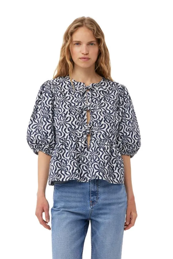 Clothing GANNI Tops Printed Cotton Peplum Blouse Egret
