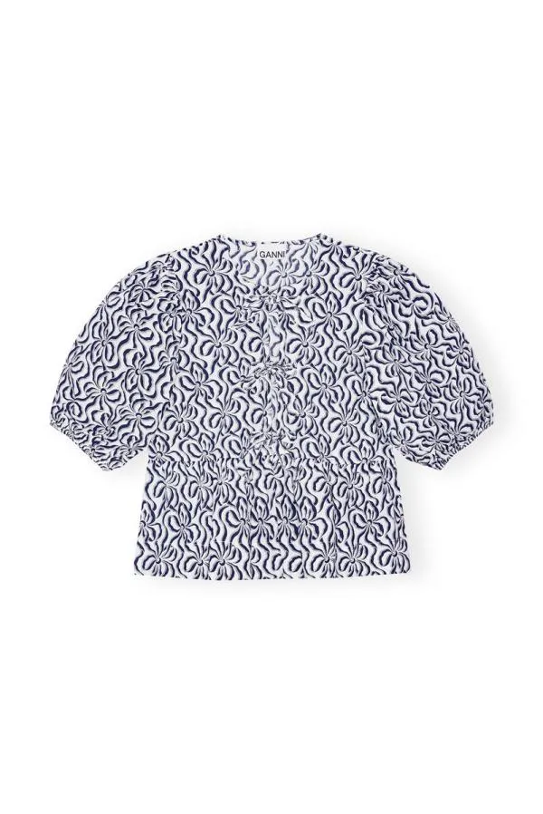 Clothing GANNI Tops Printed Cotton Peplum Blouse Egret Clothing GANNI Tops Printed Cotton Peplum Blouse Egret
