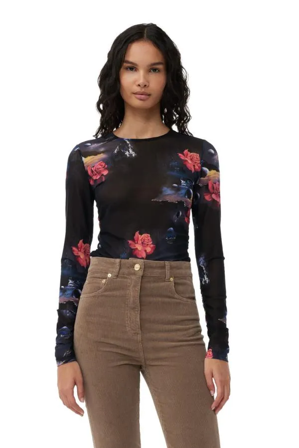 Clothing GANNI Tops Printed Mesh Long Sleeve Gathered Blouse Black