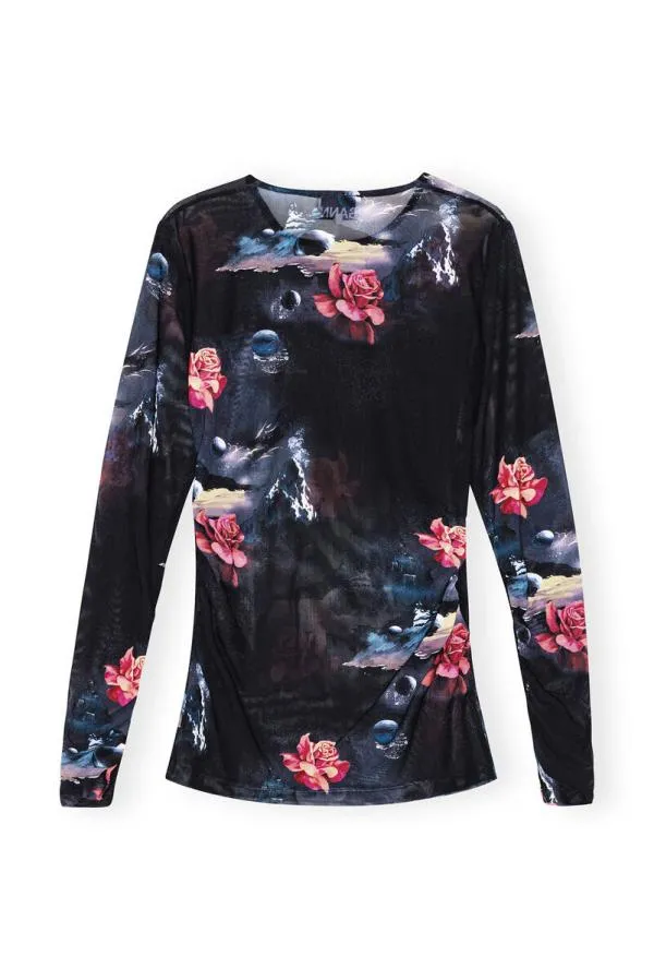 Clothing GANNI Tops Printed Mesh Long Sleeve Gathered Blouse Black Clothing GANNI Tops Printed Mesh Long Sleeve Gathered Blouse Black