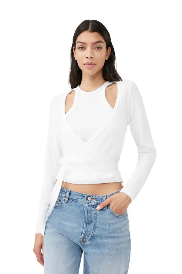 Clothing GANNI Tops Rib Jersey Wrap Blouse Bright White Clothing GANNI Tops Rib Jersey Wrap Blouse Bright White