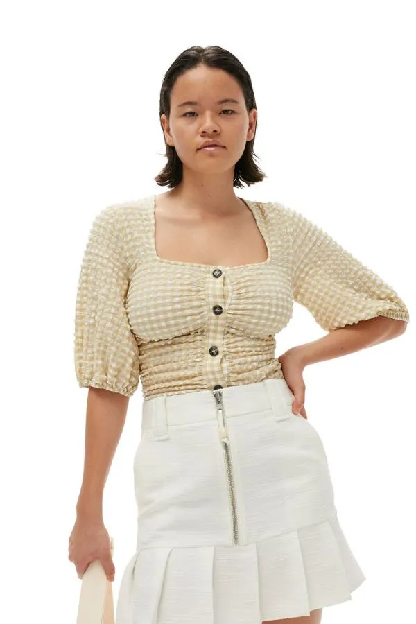 Clothing GANNI Tops Seersucker Gathered Blouse Pale Khaki Clothing GANNI Tops Seersucker Gathered Blouse Pale Khaki