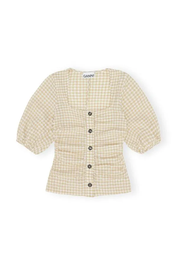Clothing GANNI Tops Seersucker Gathered Blouse Pale Khaki Clothing GANNI Tops Seersucker Gathered Blouse Pale Khaki