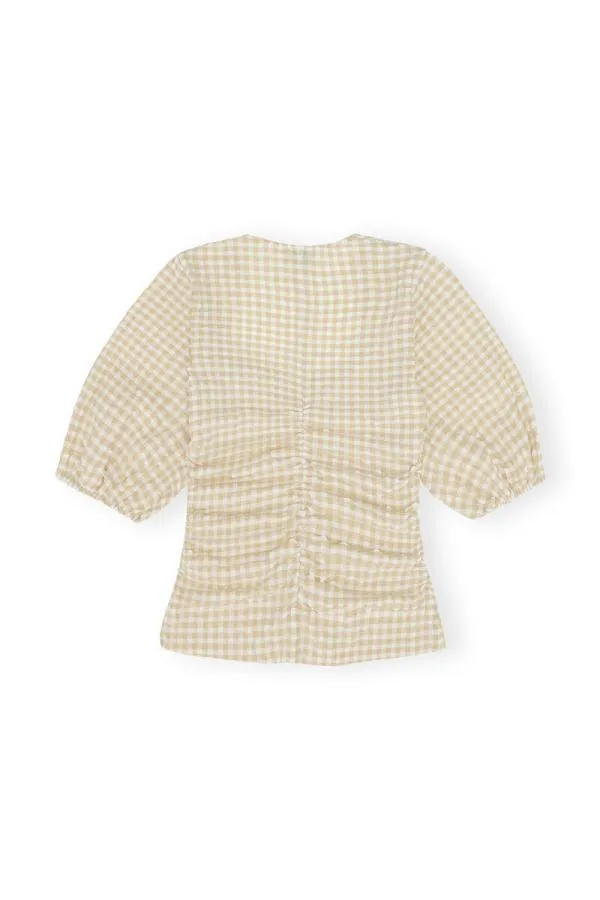 Clothing GANNI Tops Seersucker Gathered Blouse Pale Khaki Clothing GANNI Tops Seersucker Gathered Blouse Pale Khaki