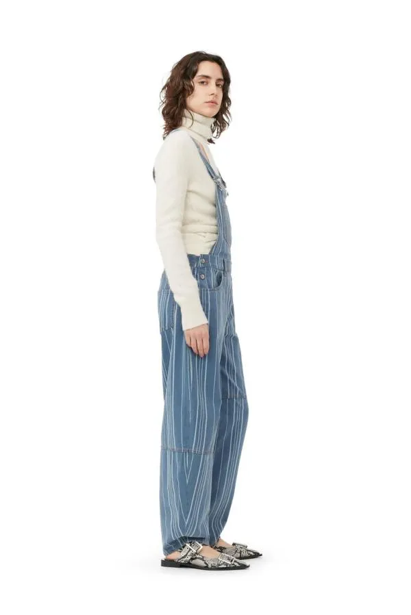 Clothing GANNI Trousers Light Stripe Denim Overalls Mid Blue Stone Clothing GANNI Trousers Light Stripe Denim Overalls Mid Blue Stone