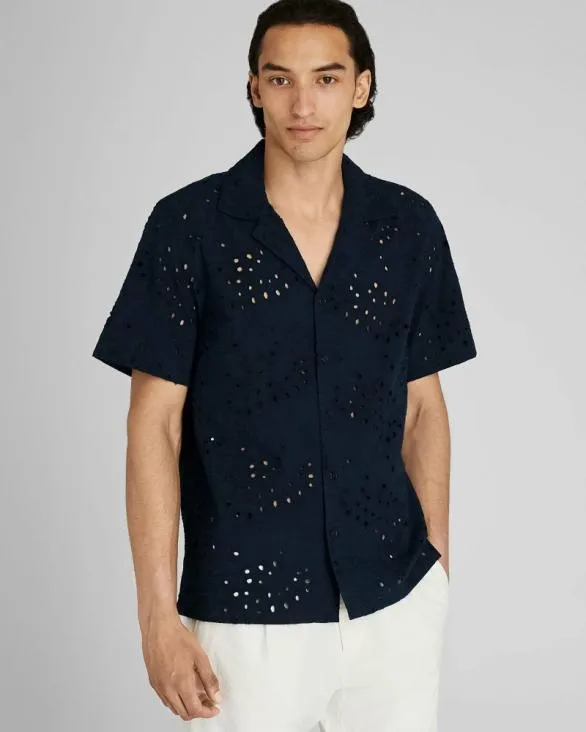 Club Monaco Shirts Short Sleeve Camp Collar Eyelet Shirt Navy 8211 Men