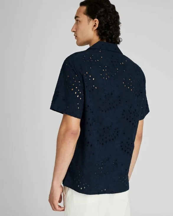 Club Monaco Shirts Short Sleeve Camp Collar Eyelet Shirt Navy 8211 Men