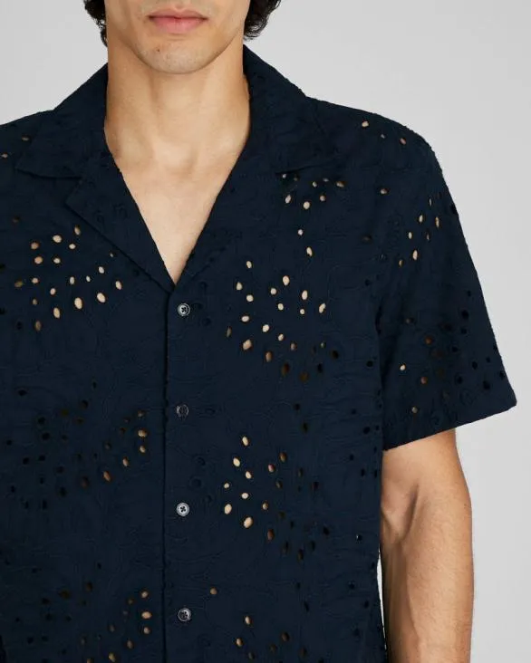 Club Monaco Shirts Short Sleeve Camp Collar Eyelet Shirt Navy 8211 Men