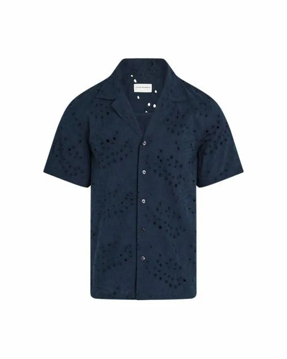 Club Monaco Shirts Short Sleeve Camp Collar Eyelet Shirt Navy 8211 Men