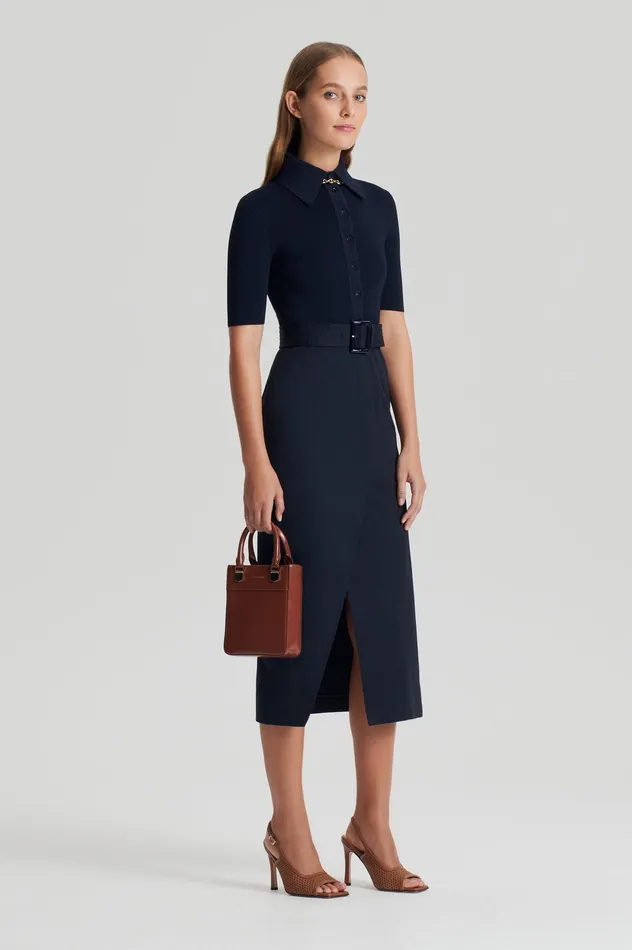 CREPE KNIT PENCIL COTTON DRESS NAVY Women Dresses Scanlan Theodore