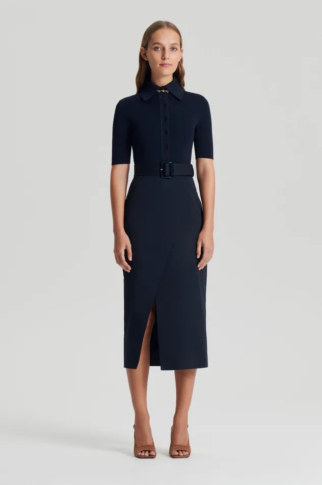 CREPE KNIT PENCIL COTTON DRESS NAVY Women Dresses Scanlan Theodore CREPE KNIT PENCIL COTTON DRESS NAVY Women Dresses Scanlan Theodore