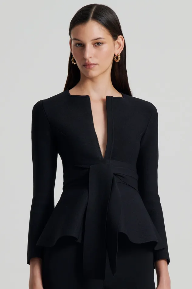 CREPE KNIT RUFFLE JACKET BLACK Jackets Scanlan Theodore Women CREPE KNIT RUFFLE JACKET BLACK Jackets Scanlan Theodore Women
