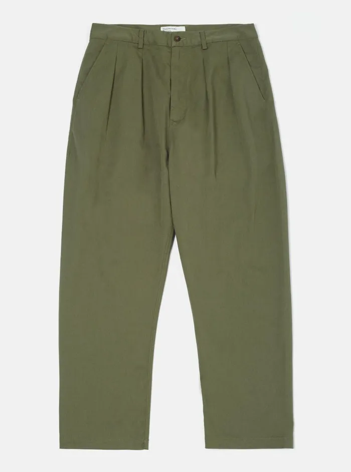 Double Pleat Pant In Light Olive Twill Men Universal Works Cotton Twill