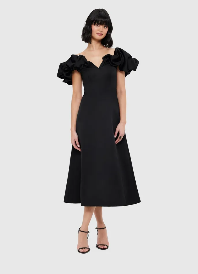 Dresses and Jumpsuits Annie Off Shoulder Frill Midi Dress 8211 Ebony 8211 LEO LIN Women