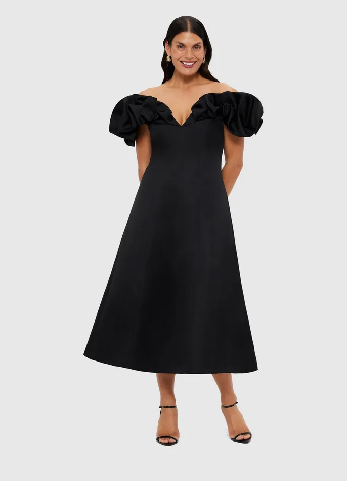 Dresses and Jumpsuits Annie Off Shoulder Frill Midi Dress 8211 Ebony 8211 LEO LIN Women