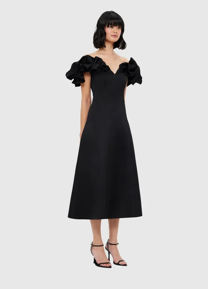 Dresses and Jumpsuits Annie Off Shoulder Frill Midi Dress 8211 Ebony 8211 LEO LIN Women