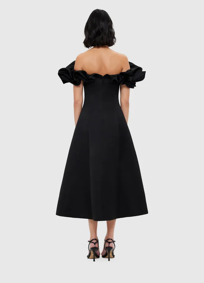 Dresses and Jumpsuits Annie Off Shoulder Frill Midi Dress 8211 Ebony 8211 LEO LIN Women