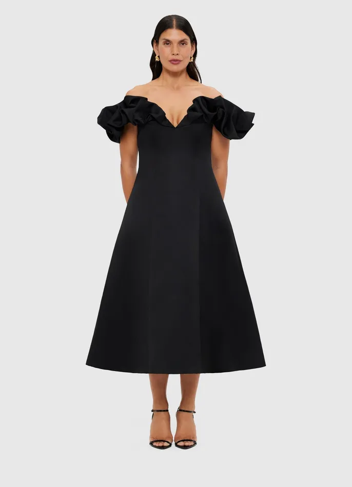 Dresses and Jumpsuits Annie Off Shoulder Frill Midi Dress 8211 Ebony 8211 LEO LIN Women