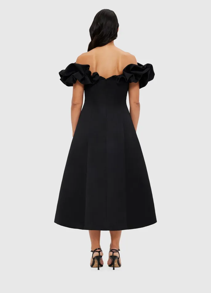 Dresses and Jumpsuits Annie Off Shoulder Frill Midi Dress 8211 Ebony 8211 LEO LIN Women