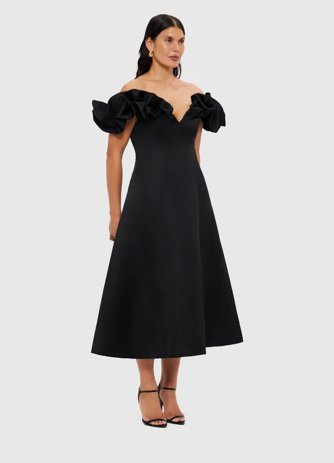 Dresses and Jumpsuits Annie Off Shoulder Frill Midi Dress 8211 Ebony 8211 LEO LIN Women